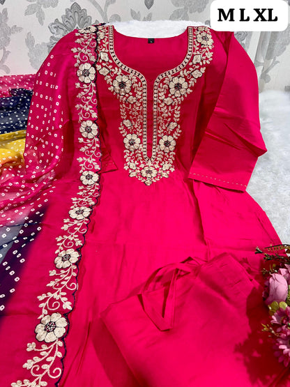 Designer Roman Silk Kurti Pant Set with Gota Patti Embroidery & Lehariya Dupatta