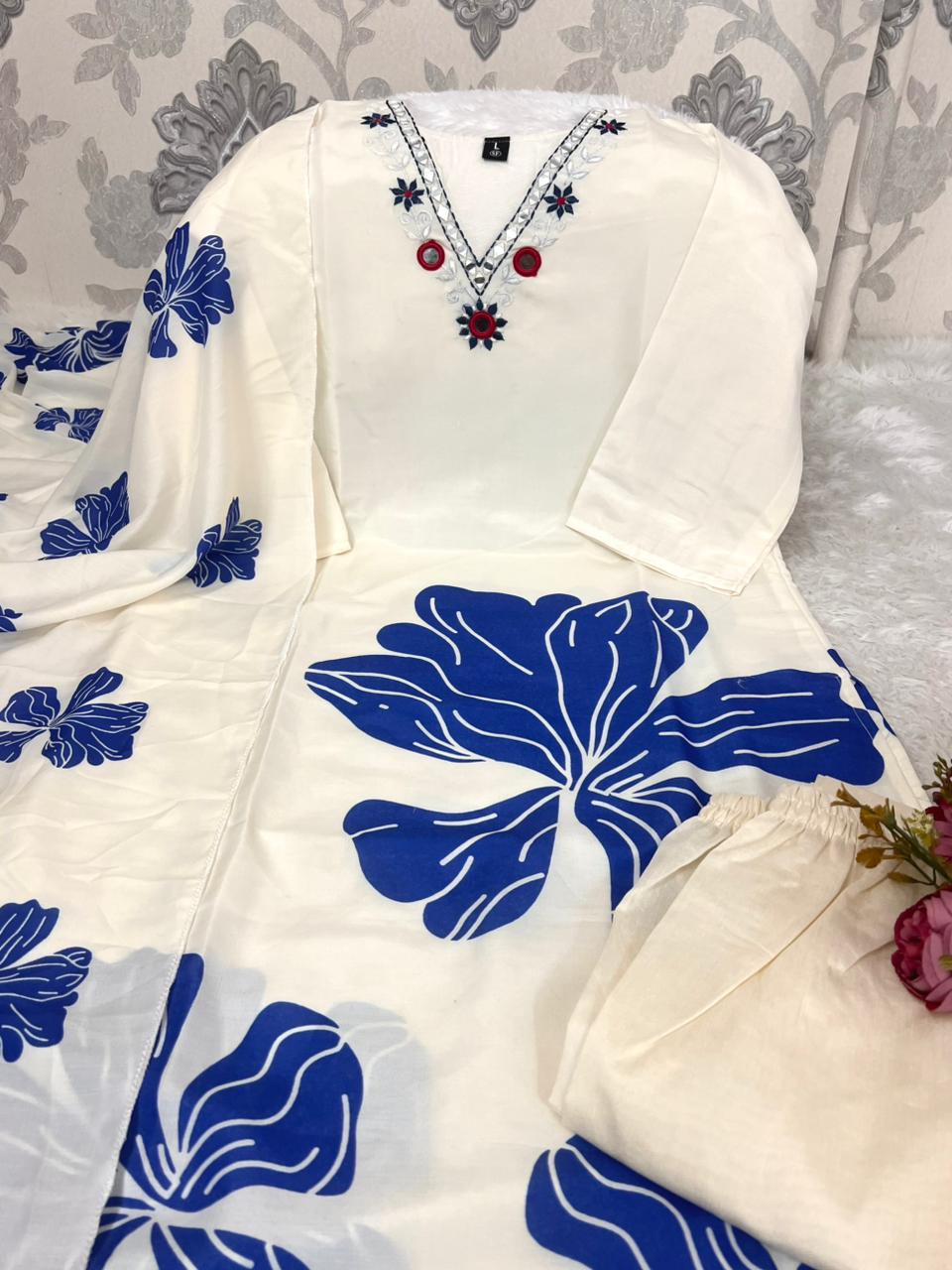 Best Seller Muslin Silk Kurti Pant Dupatta Set | Floral Print | M–4XL