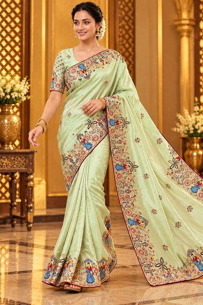 Premium Cosmos Silk Saree with Heavy Thread Embroidery, Zari & Sequin C-Pallu Work