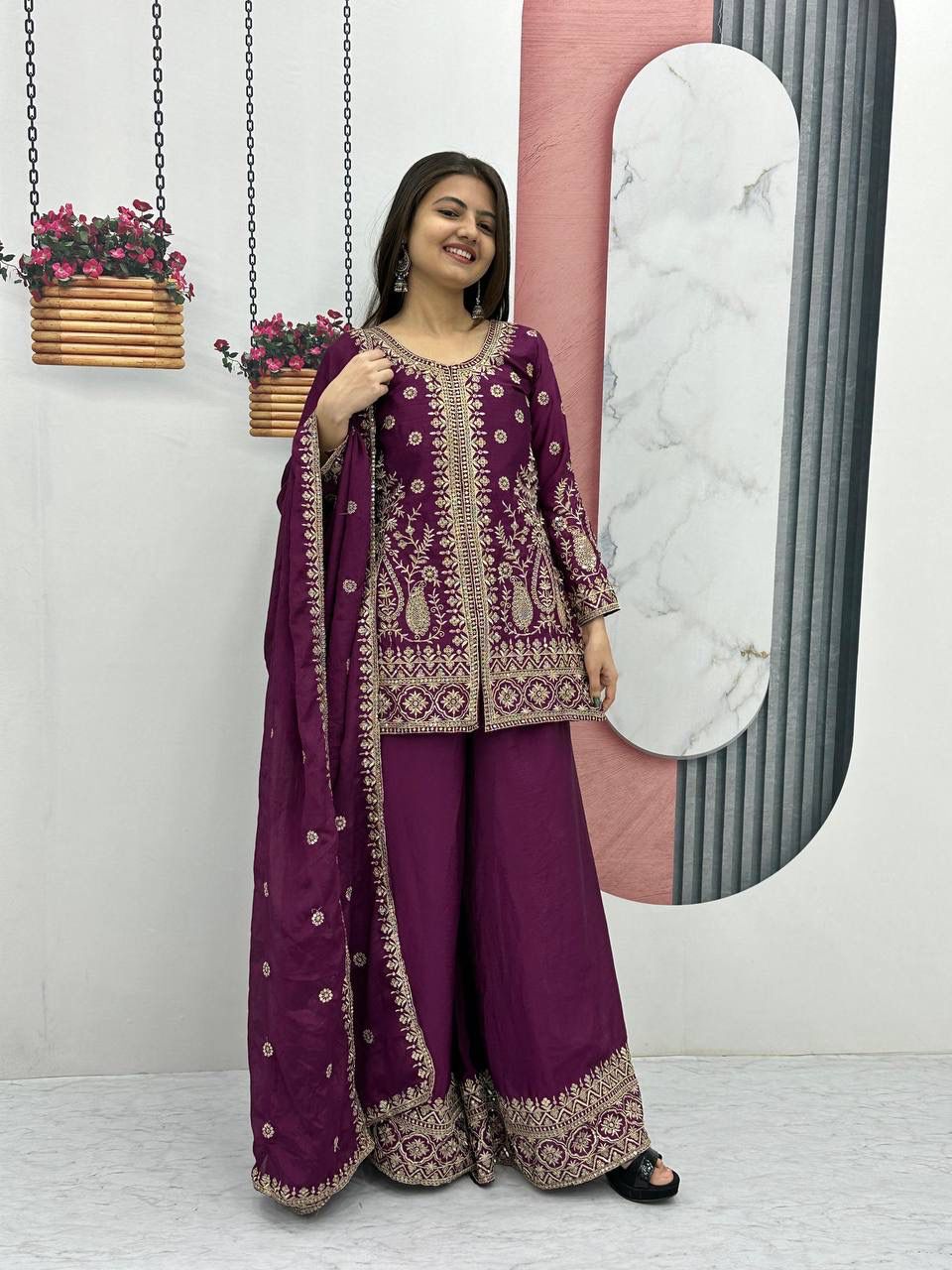 Designer Chinon Party Wear Top Plazzo Set