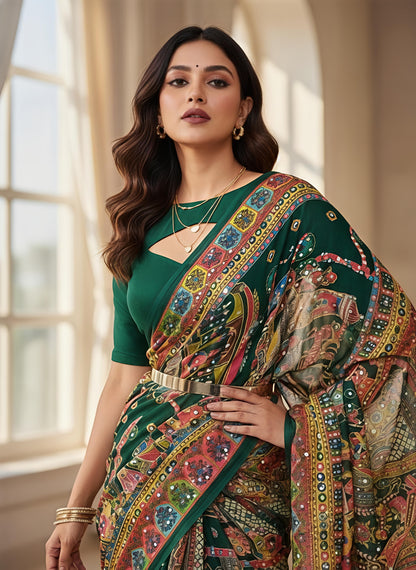Heavy Masakali Georgette Digital Print Saree with 3000+ Mirror Work