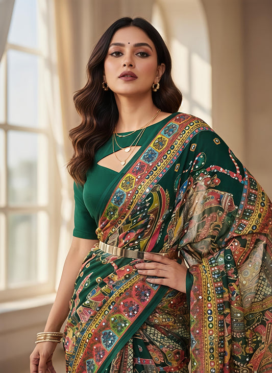 Heavy Masakali Georgette Digital Print Saree with 3000+ Mirror Work
