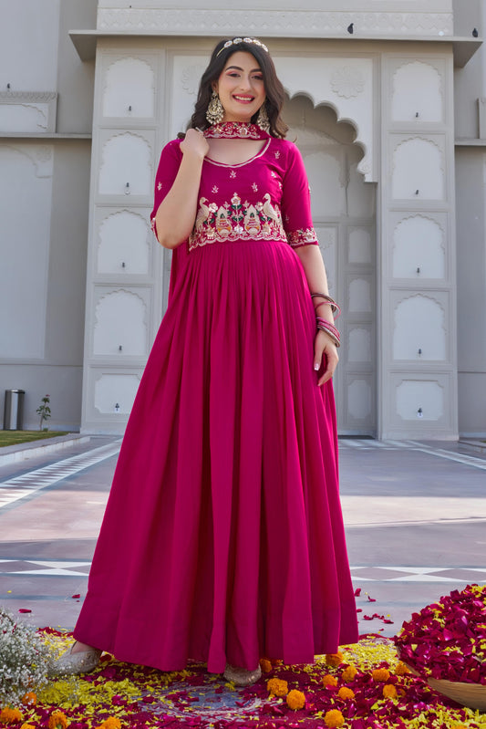 Festival Wear Embroidered Long Gown With Dupatta