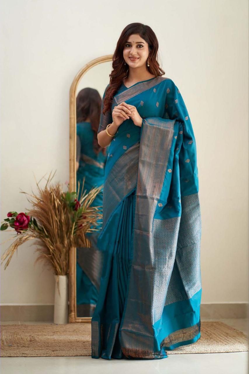 Teal Blue Cotton Silk Saree