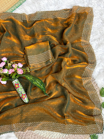 Rihana Two Tone Fendy Satin Saree with Jharkhand Work Border