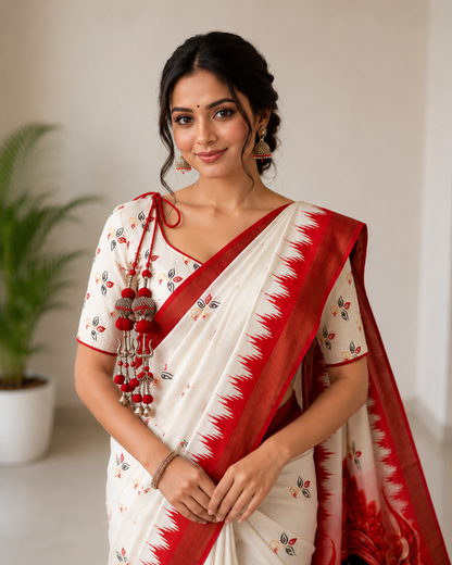 Durga Puja Special Handloom Tussar Saree with Heavy Printed Pallu & Blouse