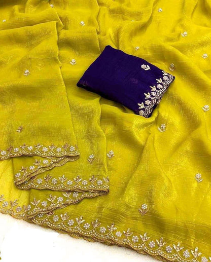 Moss Chiffon Saree with Zari Embroidery Handwork & Cut Work Border