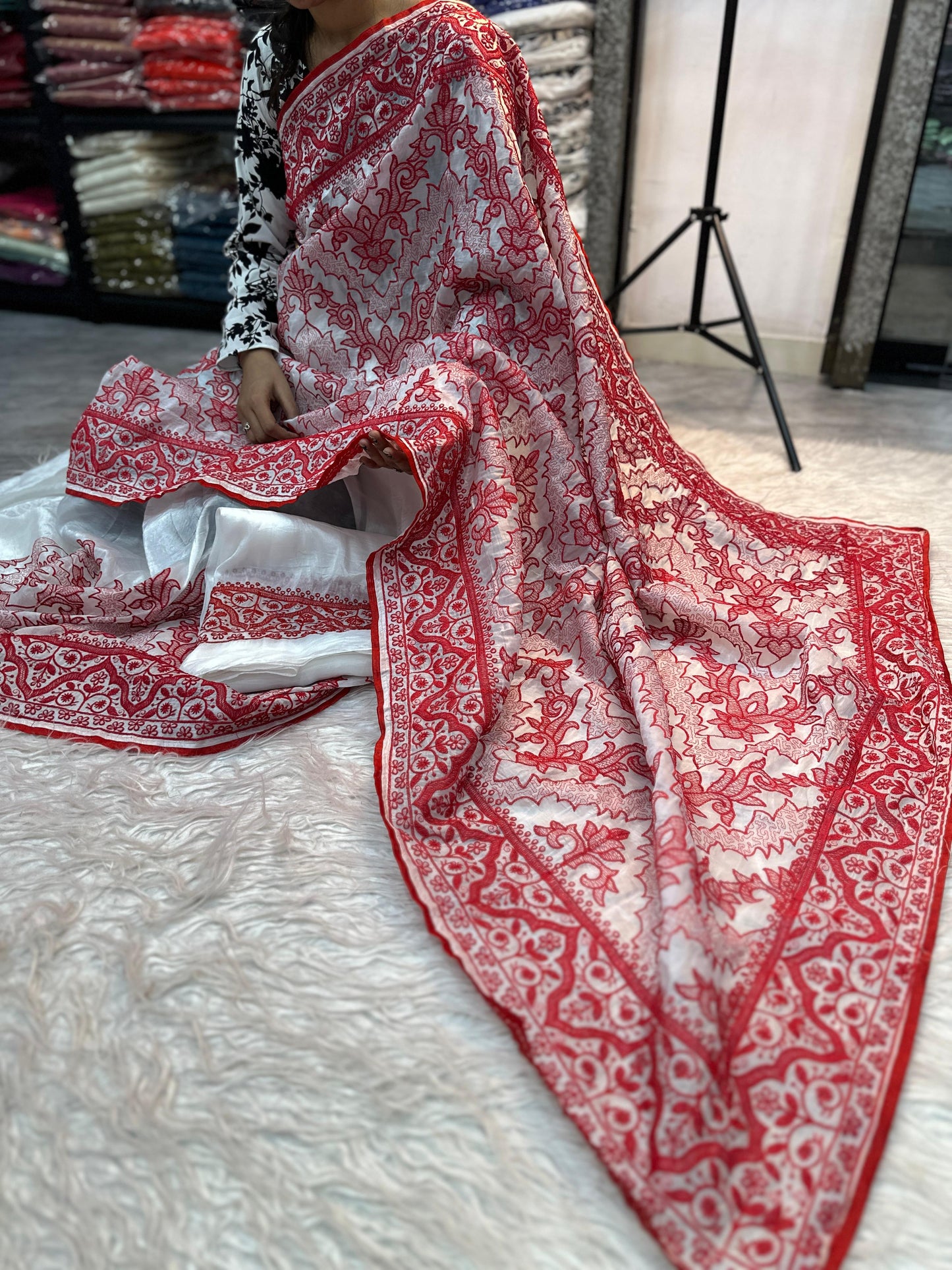 White Red Crush Silk Embroidery Saree