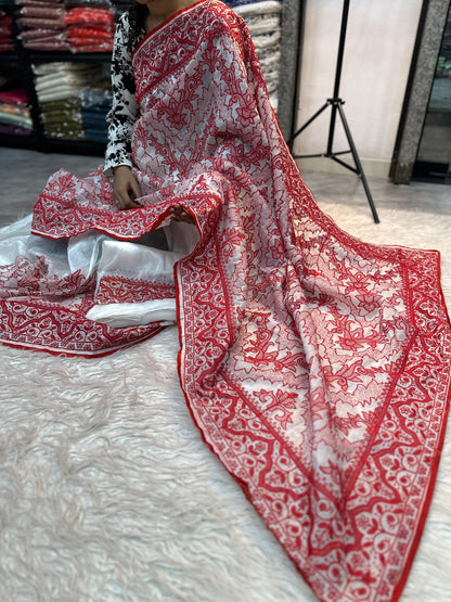 White Red Crush Silk Embroidery Saree