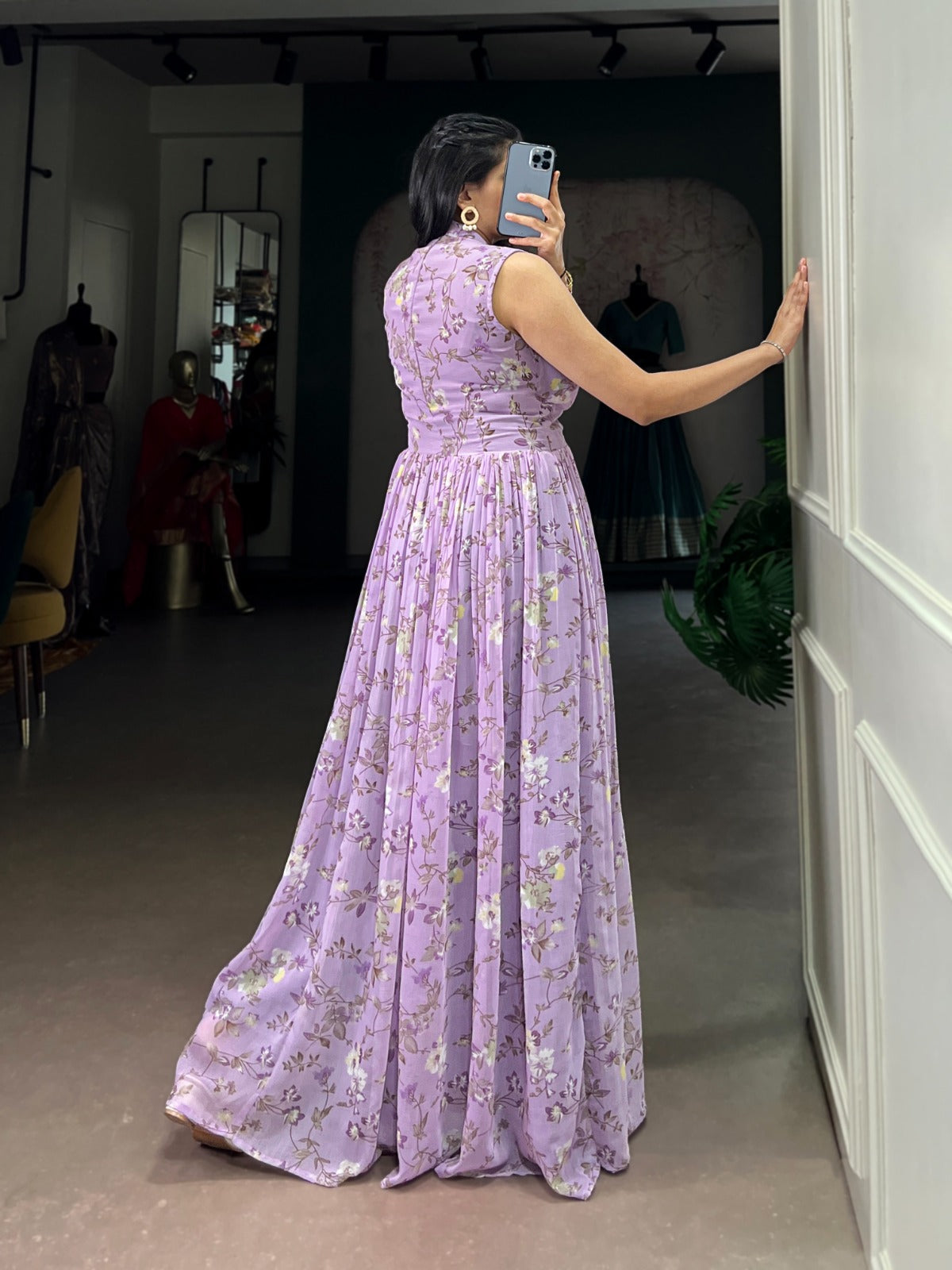 Floral Print Weightless Marble Fabric Long Party Wear Gown Dress
