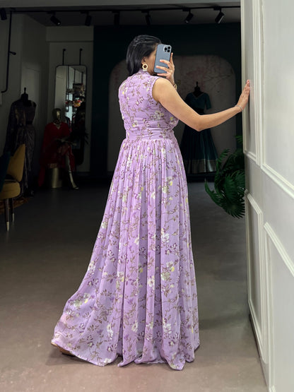 Floral Print Weightless Marble Fabric Long Party Wear Gown Dress