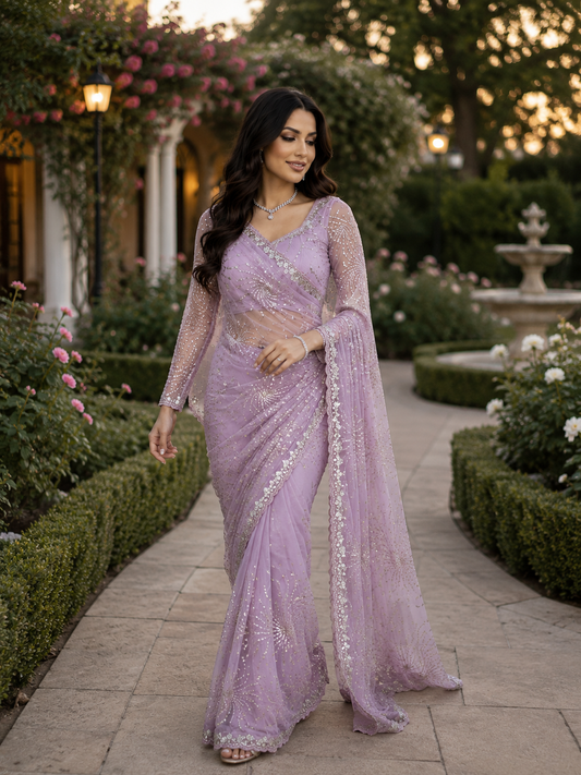 Premium Butterfly Soft Net Saree With Multi Sequence & Thread Embroidery