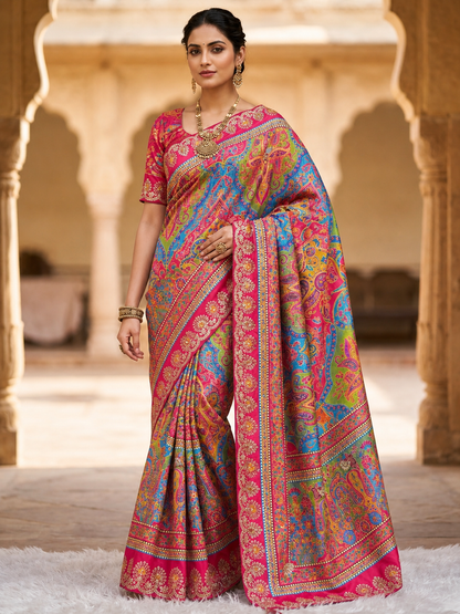 Latest Chinon Digital Print Kalamkari Inspired Saree with Gotapatti Work