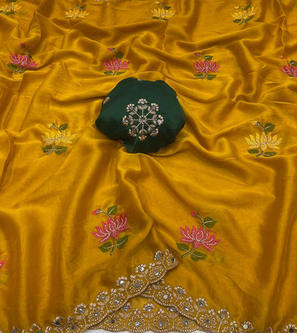 Designer Rangoli Silk Saree With Embroidery Work & Real Mirror Cutwork Border