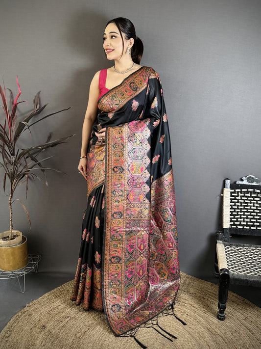 Pashmina Silk Kashmiri Saree With Meenakari Zari Weaving Border & Rich Pallu