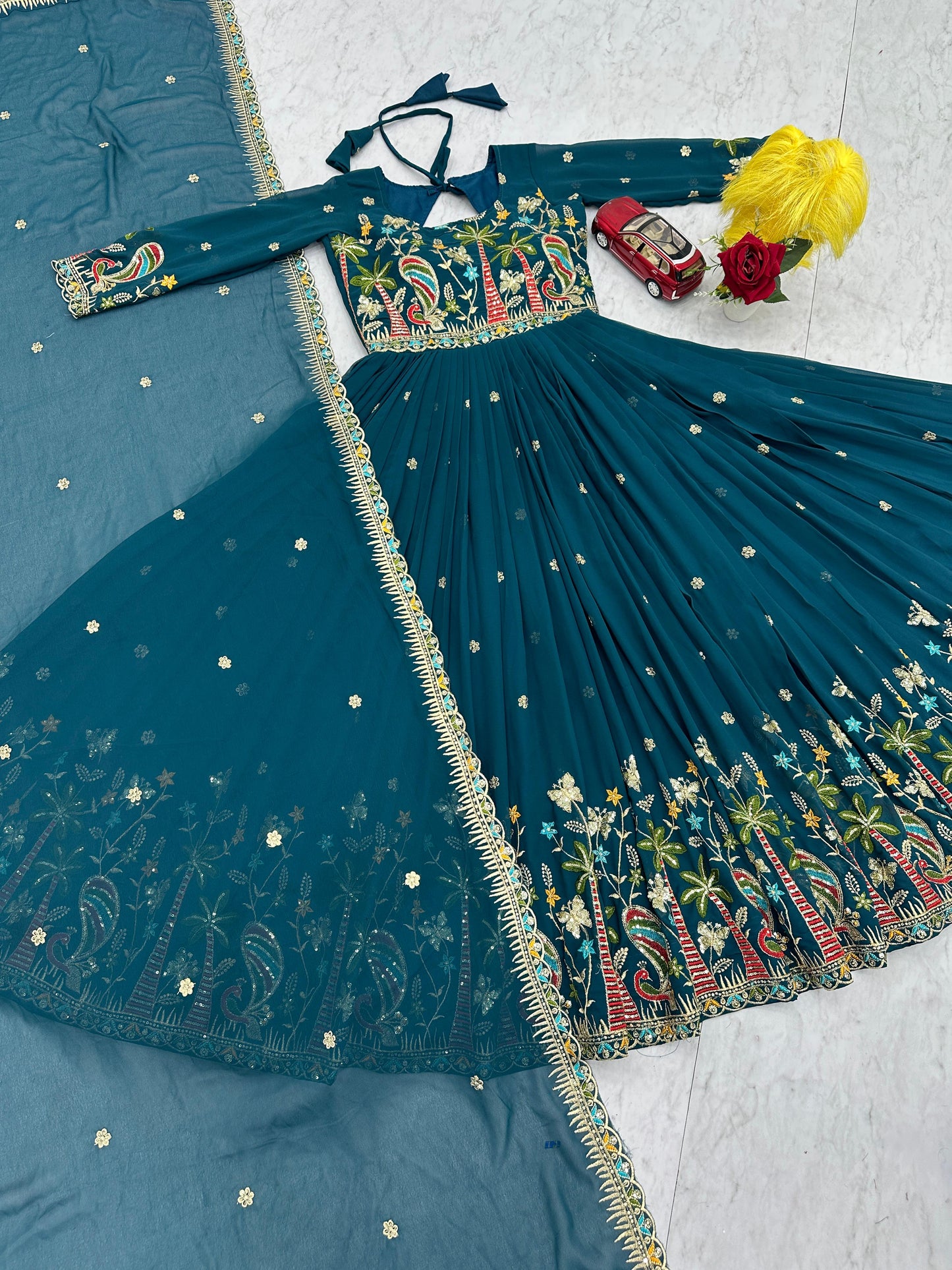 Embroidered Georgette Festive Gown with Dupatta