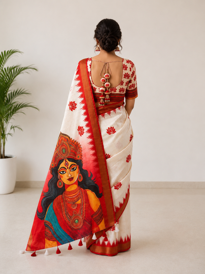 Durga Puja Special Handloom Tussar Saree with Heavy Printed Pallu & Blouse