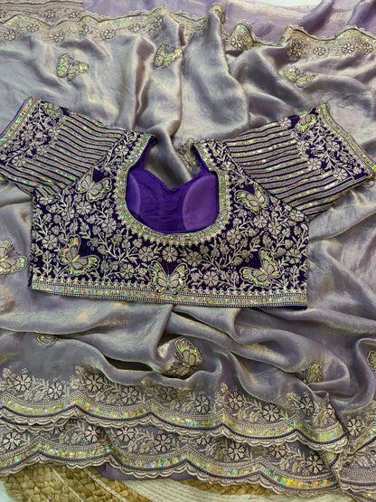 Sabyasachi Inspired Space Silk Saree with Butterfly Embroidery & Stitched Blouse