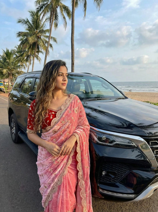 Ananya Soft Satin Silk Embroidery Saree with Heavy Border & Stitched Blouse