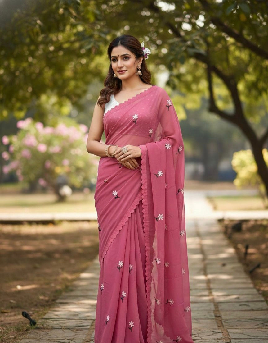 Floral Embroidered Georgette Saree – Lightweight Daily & Party Wear
