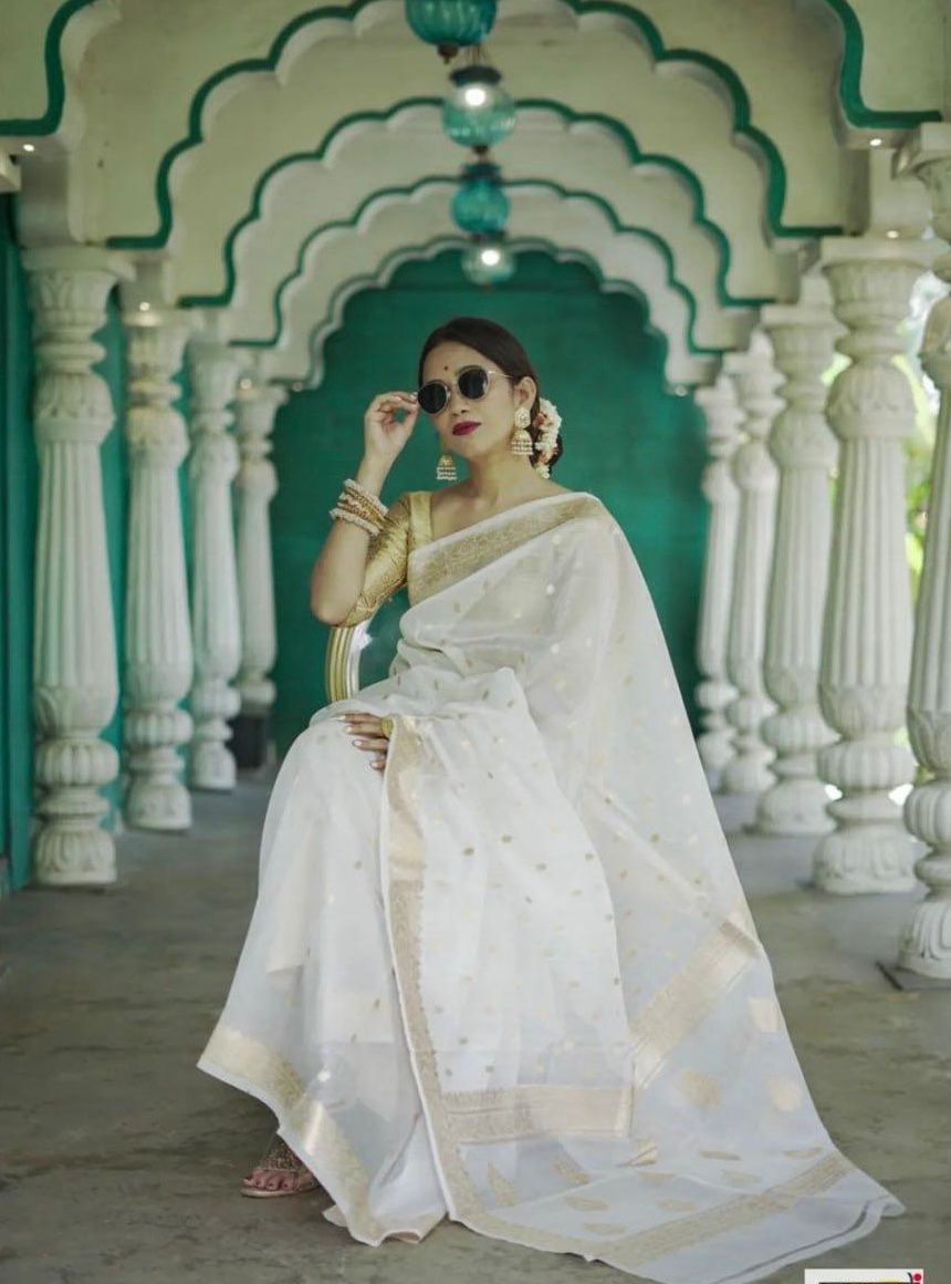 Off White Zari Work Saree