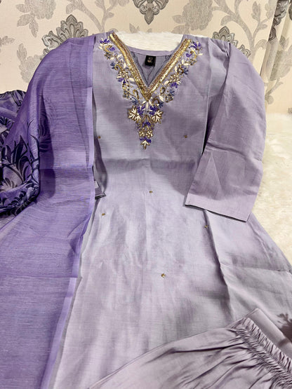 Premium Roman Silk Kurti Pant Dupatta Set with Hand Work