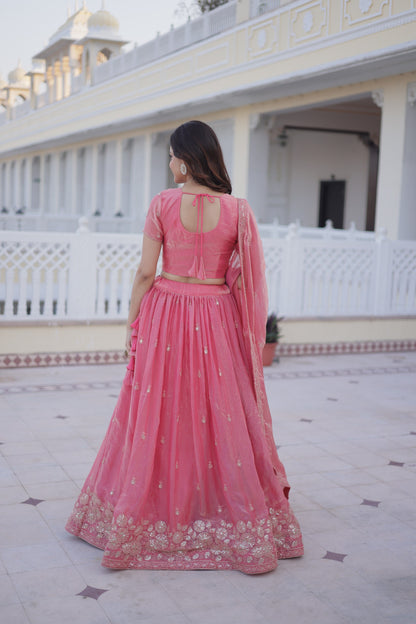 Women Pink Fendi Silk Embroidered Wedding & Party Wear Lehenga Choli