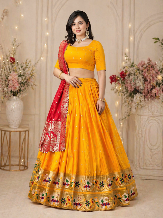 Golden Paithani Silk Lehenga Choli with Zari Weaving & Contrast Dupatta