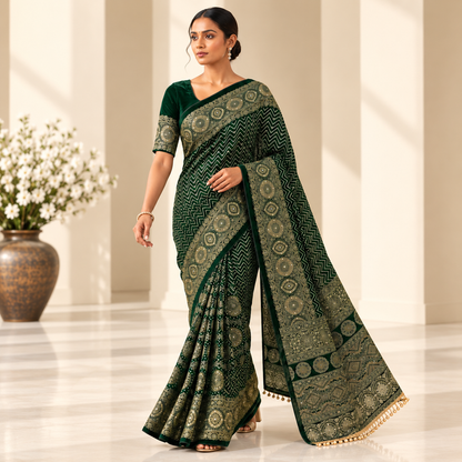 Pure Arjakh Satin Viscose Silk Saree with Original Mirror Work, Designer Print & Blouse