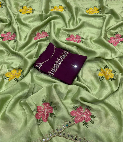 Chinon Silk Embroidery Saree