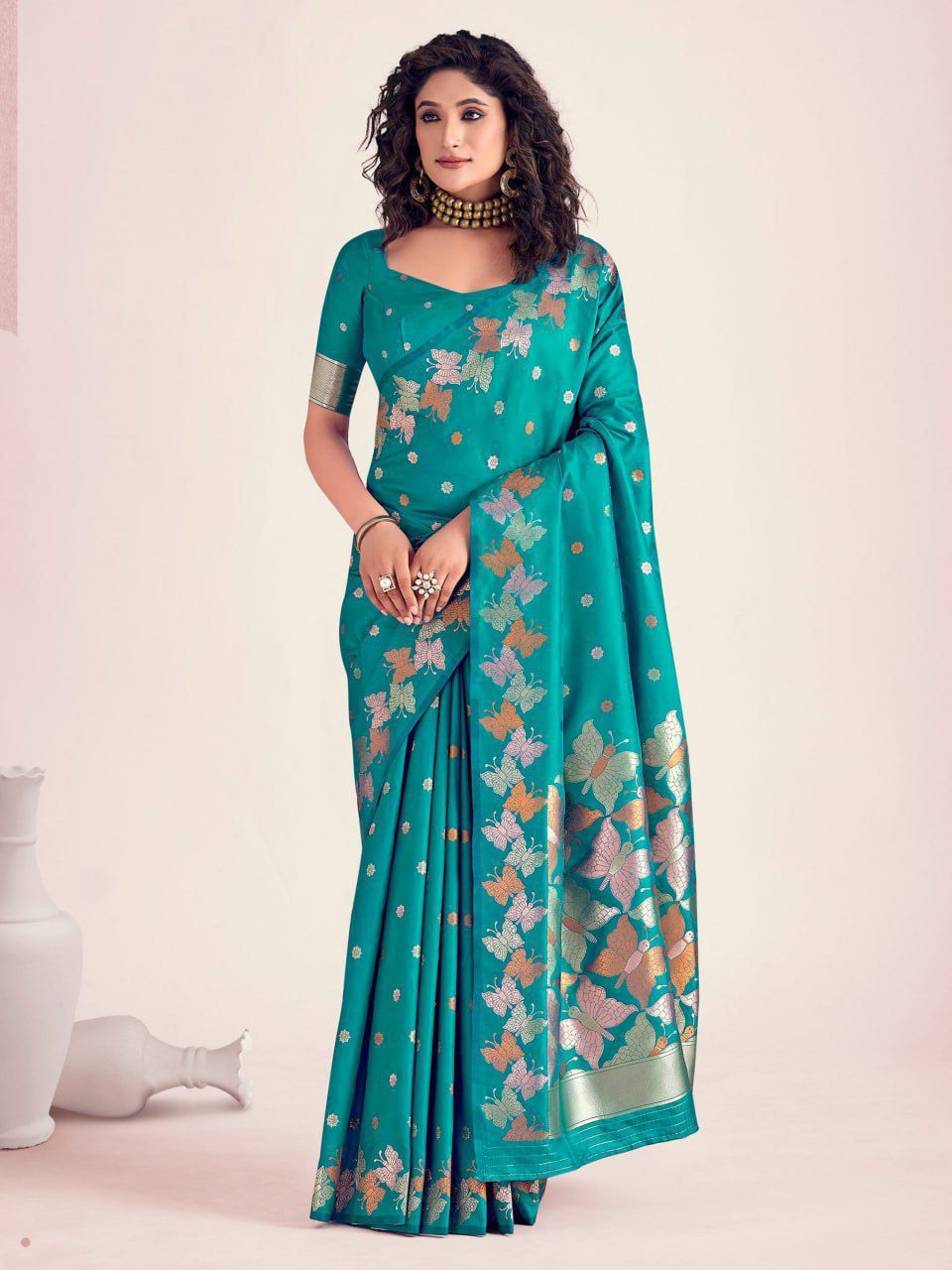 Teal Green Butterfly Printed Silk Look Saree