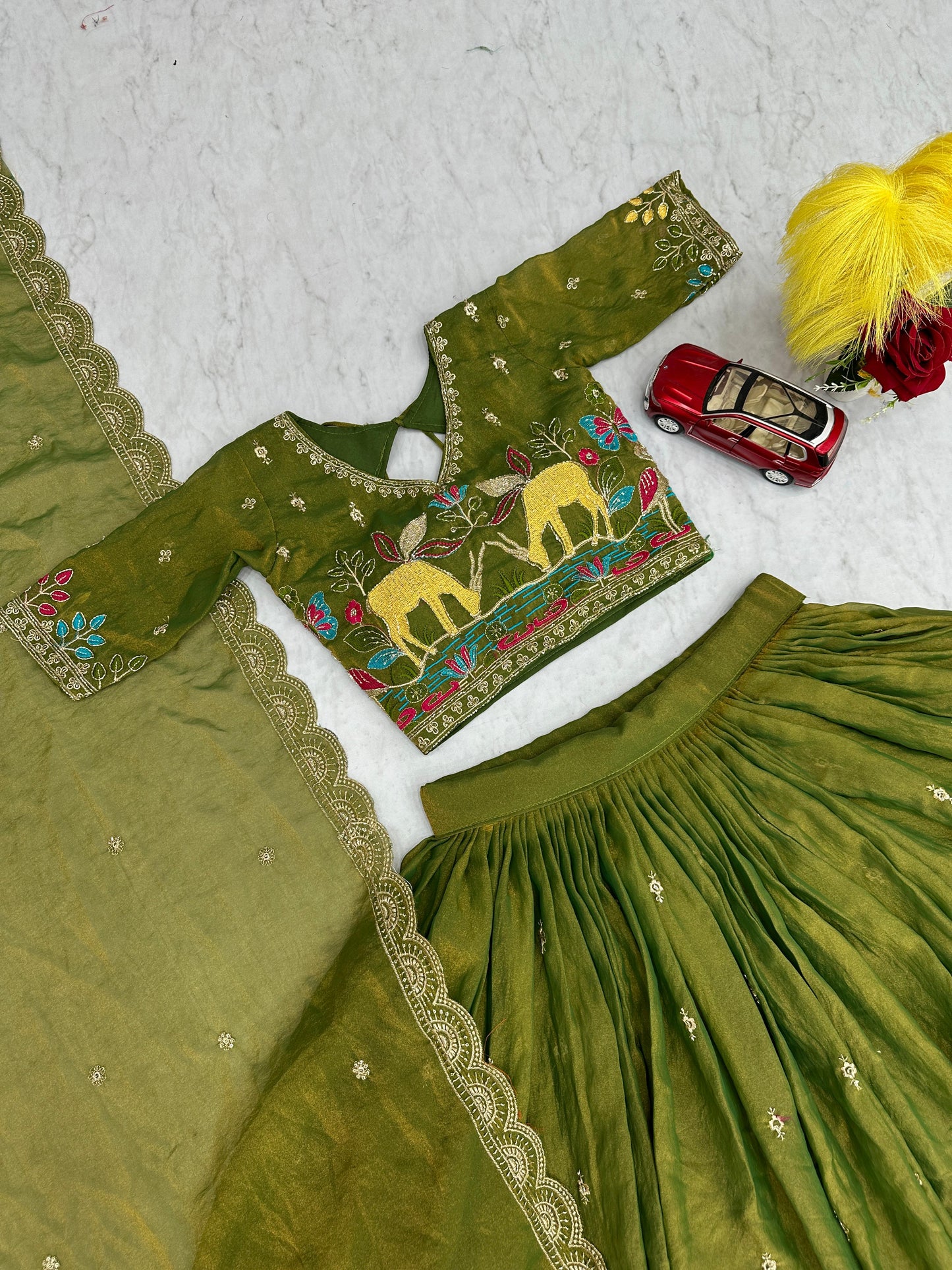 Festival Special Heavy Embroidered Moss Simar Lehenga Choli with Dupatta | Orange & Olive Green