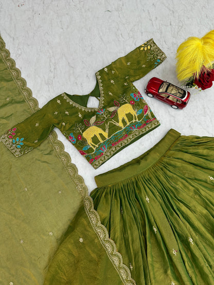 Festival Special Heavy Embroidered Moss Simar Lehenga Choli with Dupatta | Orange & Olive Green