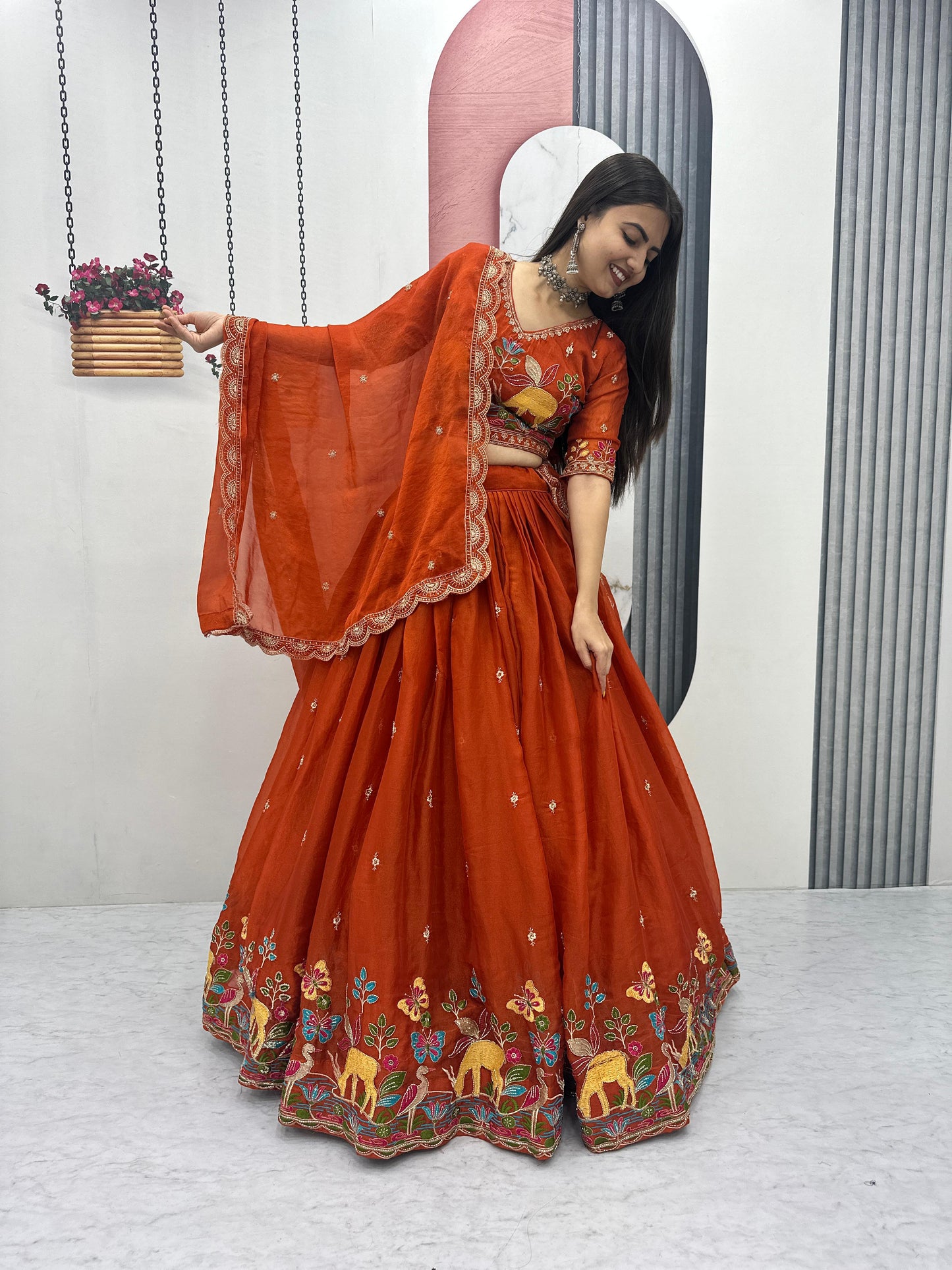 Festival Special Heavy Embroidered Moss Simar Lehenga Choli with Dupatta | Orange & Olive Green