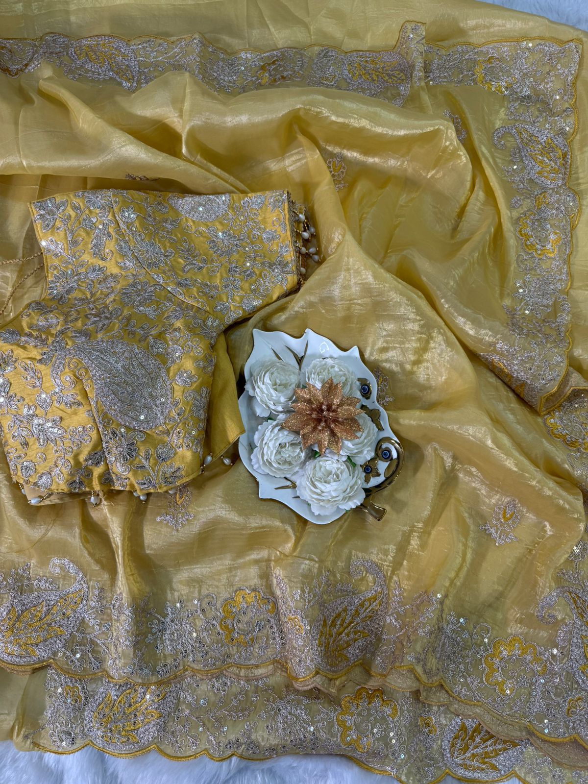Elegant Crystal Crush Tissue Saree – Designer Embroidered Party Wear