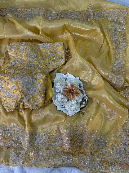 Elegant Crystal Crush Tissue Saree – Designer Embroidered Party Wear