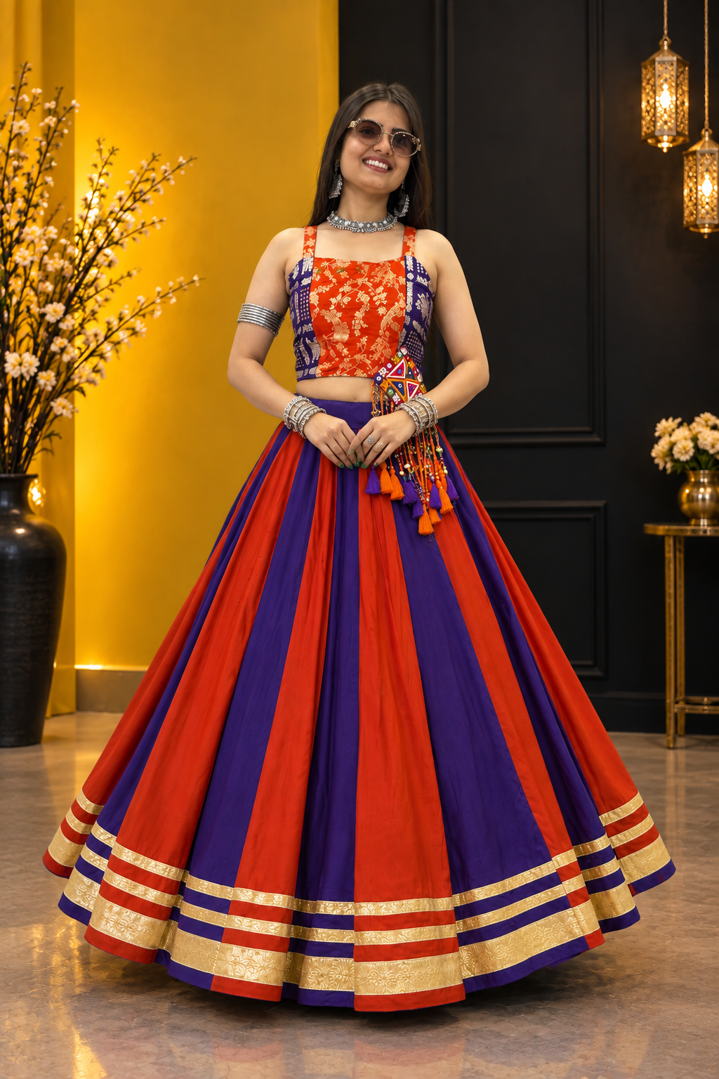 Navratri Special Pure Cotton Lehenga Choli with Gamathi Work | 6+ Meter Flair