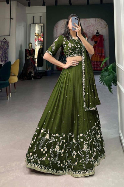 Elegant Chinnon Silk Embroidered Lehenga Choli with Zari Work & Gotta Patti Dupatta