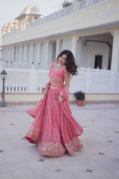 Women Pink Fendi Silk Embroidered Wedding & Party Wear Lehenga Choli