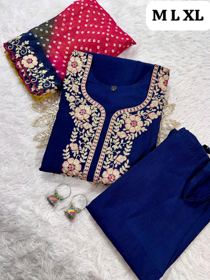 Designer Roman Silk Kurti Pant Set with Gota Patti Embroidery & Lehariya Dupatta