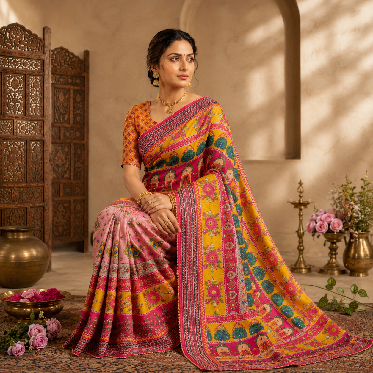 Karigari Soft Chinon Silk Digital Print Saree with Hand Aari Work & 2000+ Real Mirror Work