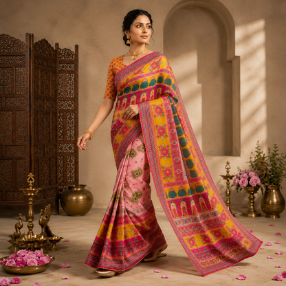 Karigari Soft Chinon Silk Digital Print Saree with Hand Aari Work & 2000+ Real Mirror Work