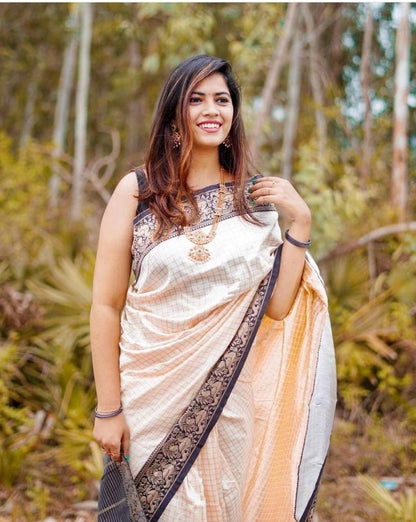 Off White Saree with Black & Gold Classic Border