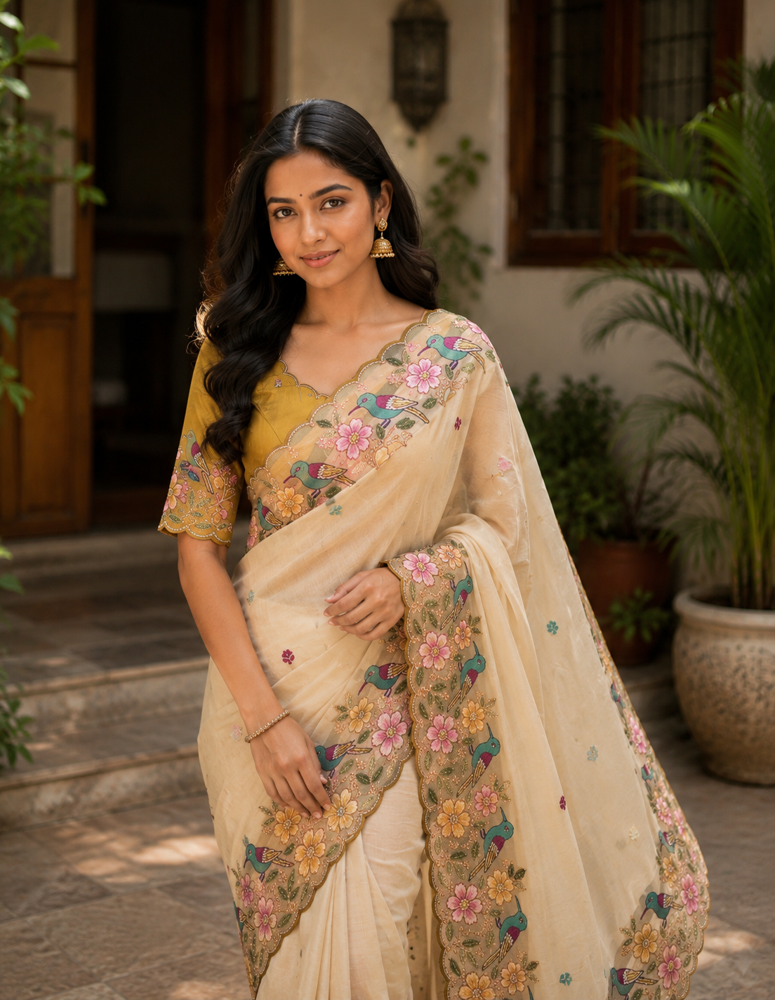 Rangoli Silk Saree with Heavy Floral Work Border & Contrast Designer Blouse