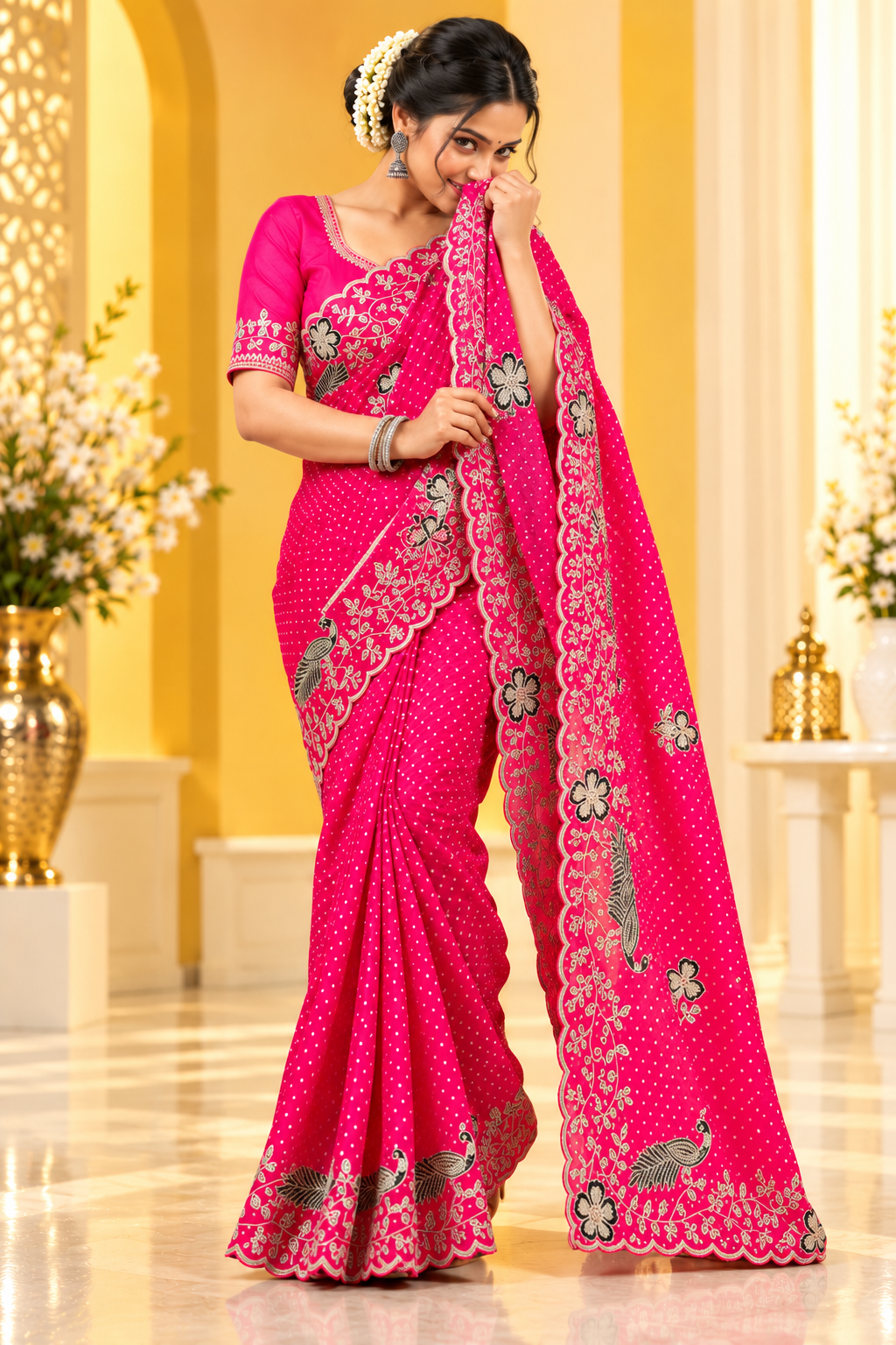 Georgette Muthda Saree with Peacock Thread Work & Cut Work