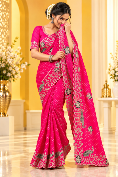 Georgette Muthda Saree with Peacock Thread Work & Cut Work