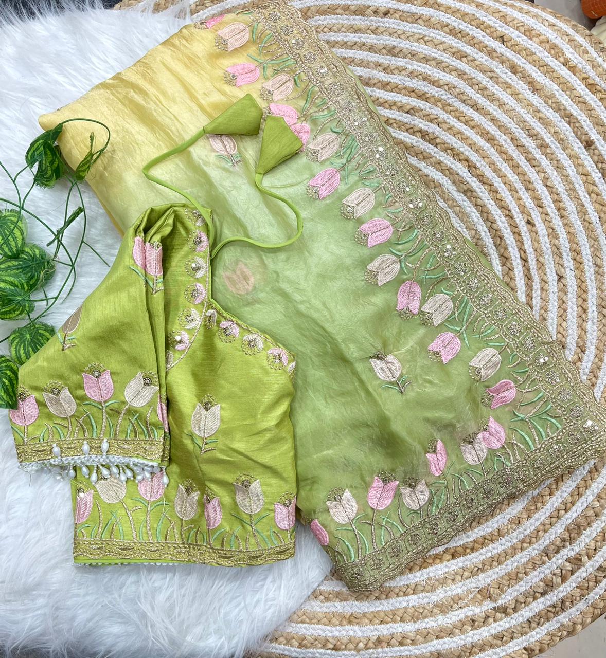 Lotus Soft Fendy Satin Saree With Embroidery Sequence & Thread Work Border
