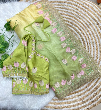Lotus Soft Fendy Satin Saree With Embroidery Sequence & Thread Work Border