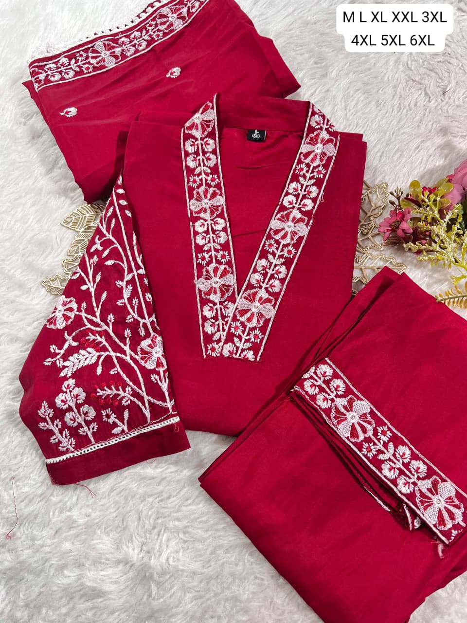 Premium Roman Silk Embroidered Kurti Pant Dupatta Set | Elegant Party Wear Kurti Set