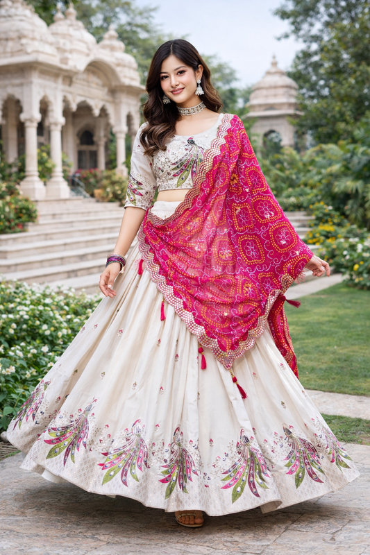 Festival Tissue Silk Lehenga Choli with Embroidery Sequence Work & Bandhej Dupatta